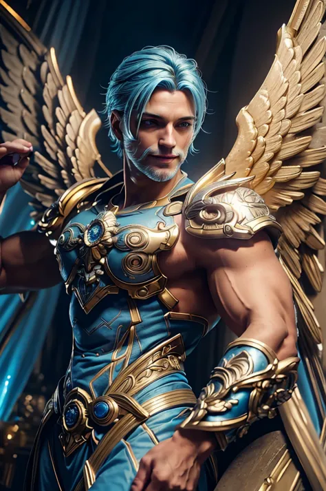 a male angel with light blue hair,bright golden eyes,perfect smile,average build,detailed eyes and face,extremely detailed skin,...