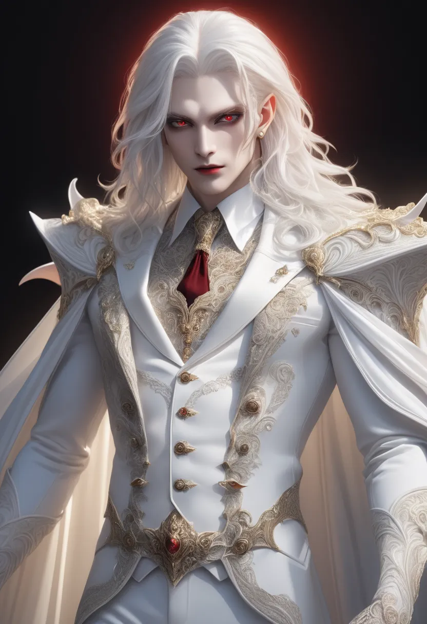 Insanely detailed photograph of a gorgeous vampire alien man, Renaissance, long white hair, intricate white eyes, fantastical, ethereal, hyperdetailed, 32k resolution, dynamic lighting, covered navel, hyper detailed, intricately detailed, trending on Artstation, white luxury suit, volumetric lighting.