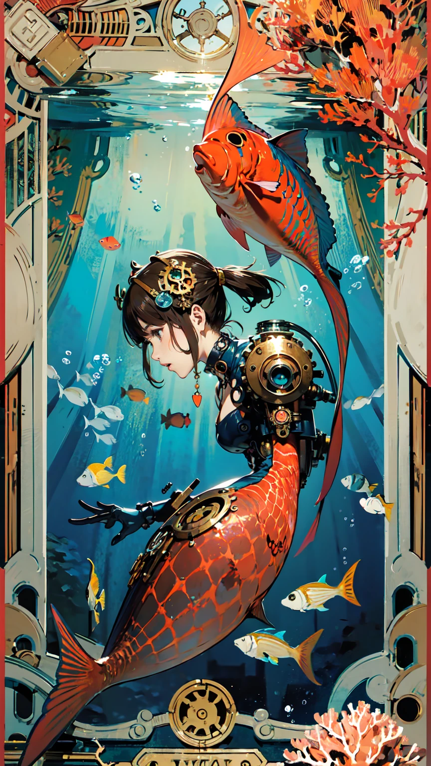 Tarot Cards、Masterpiece、Highest quality、Highest quality、Detailed Background、Line art、Anime Style,Written boundary depth、Flat Shading、Mucha style、Art Nouveau、(Image of underwater、The world of steampunk:1.3)、(Surrounded by many small tropical fish and beautiful corals:1.3)、(Mechanical Fish、Machine waste:1.2)、Steampunk-inspired swimsuit、Vintage Color、colorful、Anatomically correct、Slim figure、Thick thighs、Perfect Face、profile、long hair