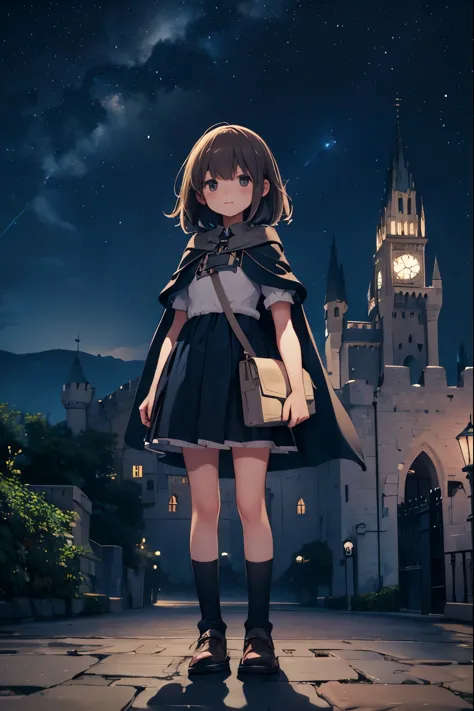 night sky, castle,  1girl, standing, solo, full body, , maribe, puffy short sleeves,  cape, bag