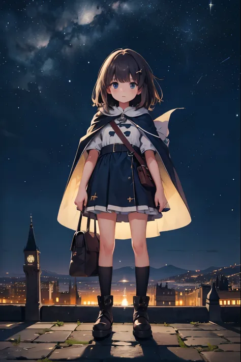 night sky, castle,  1girl, standing, solo, full body, , maribe, puffy short sleeves,  cape, bag