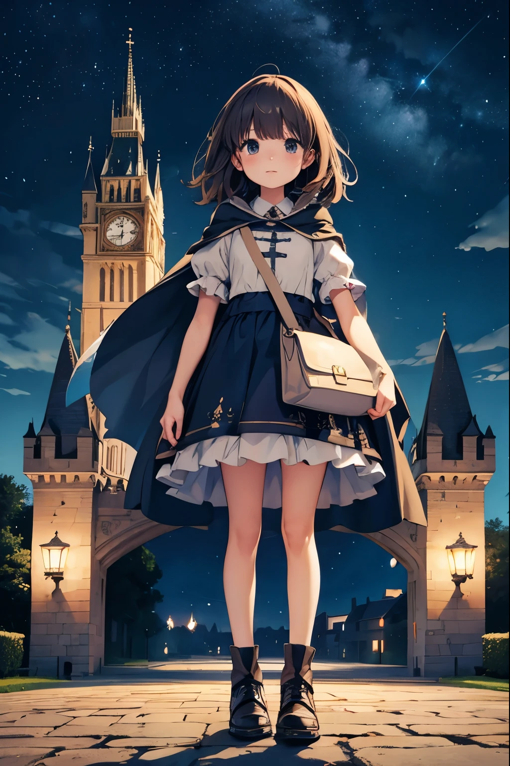 night sky, castle,  1girl, standing, solo, full body, , maribe, puffy short sleeves,  cape, bag