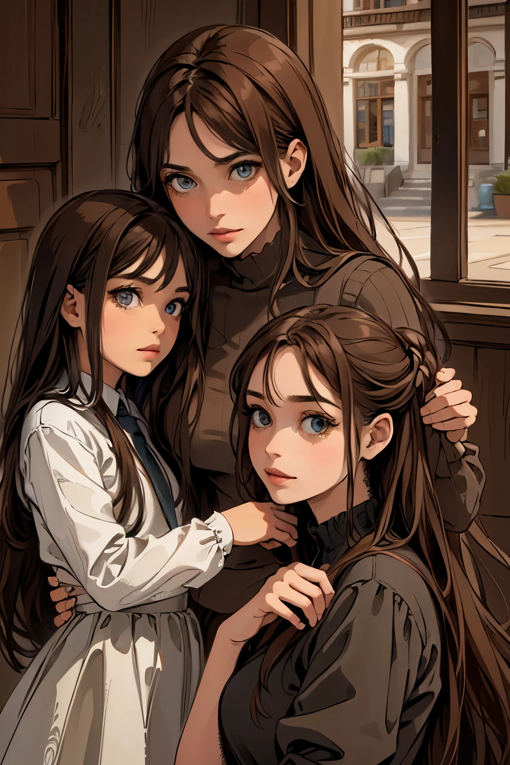 ( Absurdly , High quality , ultra detailed ) ,( hand detailed ) ,girl with her daughters, very long hair, beautiful crystal eyes ( eye detailed ) ,, elegant, colorful, highest detailed,