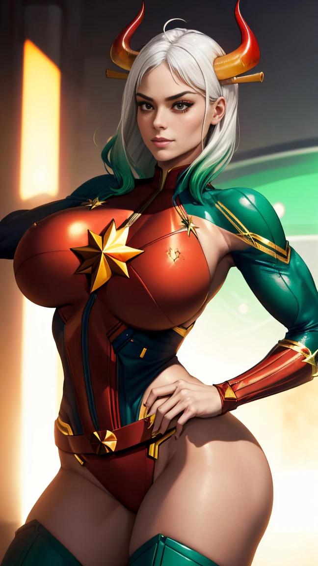 Foto de corpo inteiro, (best qualityer:1.3), sultry posing, captain marvel, (demon girl), very huge breasts, seductiv, sexly, white hair with light green tips, horn with red tips