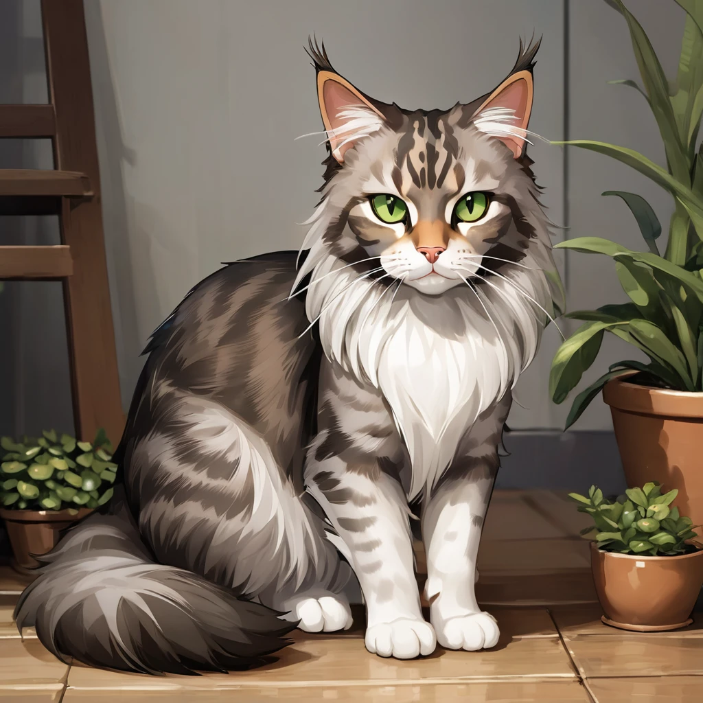 “Create a realistic illustration of two cats. The first cat is a Bengal with a sleek, muscular build, golden-brown fur with dark spots and rosettes, and bright green eyes. It has a curious and attentive expression, standing upright with its ears perked up. The second cat is a Maine Coon with a large, fluffy body, long gray and white fur, a bushy tail, and soft amber eyes. The Maine Coon has a relaxed and calm expression, lying down comfortably. The background should be simple and natural, like a soft-focus living room or garden, to enhance the realism of the cats.”
