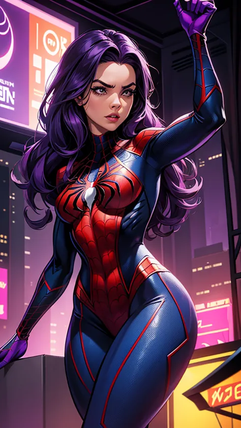 create spider-woman in new york, she wears a purple uniform identical to spider-man&#39;s and has dark purple hair., her face co...