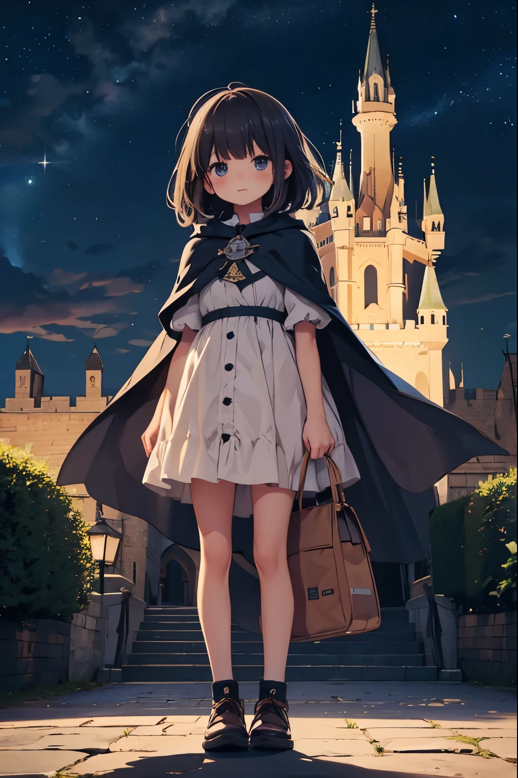 night sky, castle,  1girl, standing, solo, full body, , maribe, puffy short sleeves,  cape, bag