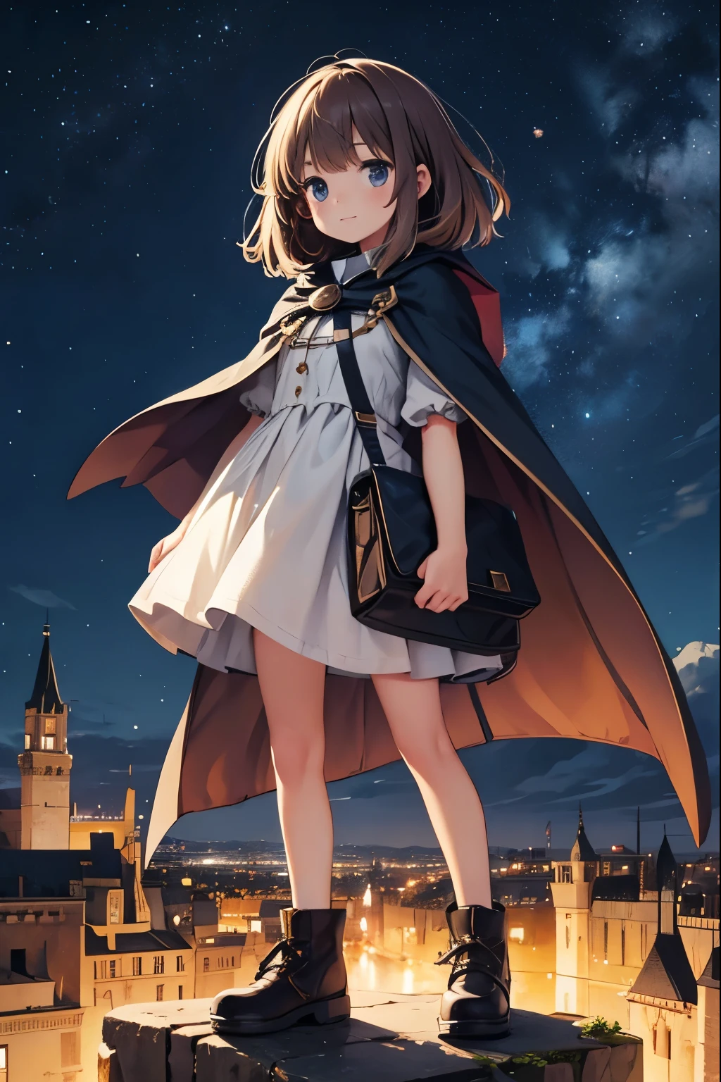 night sky, castle,  1girl, standing, solo, full body, , maribe, puffy short sleeves,  cape, bag