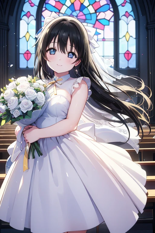 One Girl, Cowboy Shot, High resolution, smile, Highest quality, masterpiece, Black Hair，Hair Ribbon，Long Hair，Straight hair，Blue Eyes，Stained glass，church,Sakurazaka Shizuku i，Wedding dress，bouquet