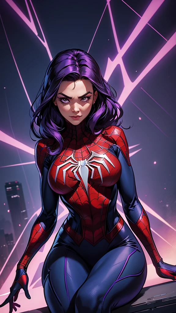 Create Spider-Woman in New York, She wears a purple uniform identical to Spider-Man&#39;s and has dark purple hair., her face covered with the purple spider man mask, look like young Sandra Bullock, sensual and hot, big breasts, athletics, thick-thighs, thin hips, wears armor on his feet, full body in the image, 8k, Best possible quality.