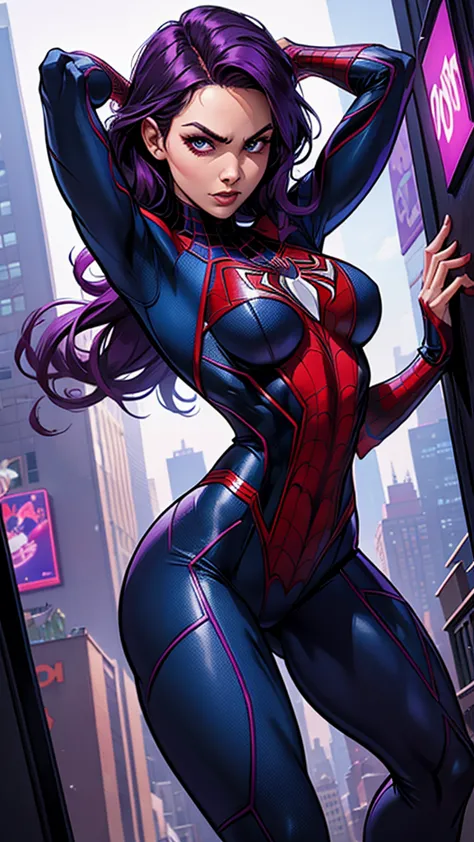 create spider-woman in new york, she wears a purple uniform identical to spider-man&#39;s and has dark purple hair., her face co...