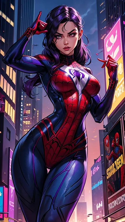 create spider-woman in new york, she wears a purple uniform identical to spider-man&#39;s and has dark purple hair., her face co...