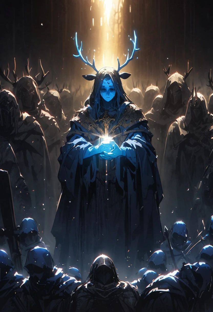 Miracle, poor crowd in misery receiving divine light, blue fur, antlers, dark medieval setting