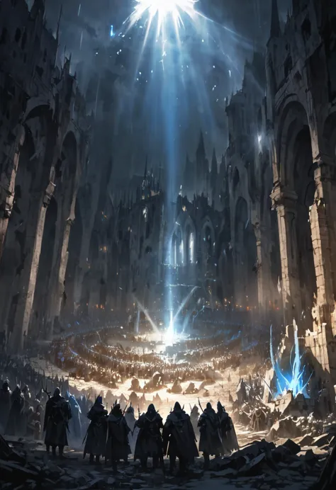 destroyed medieval city, miracle, poor crowd in misery receiving divine light, blue fur, antlers, dark medieval setting