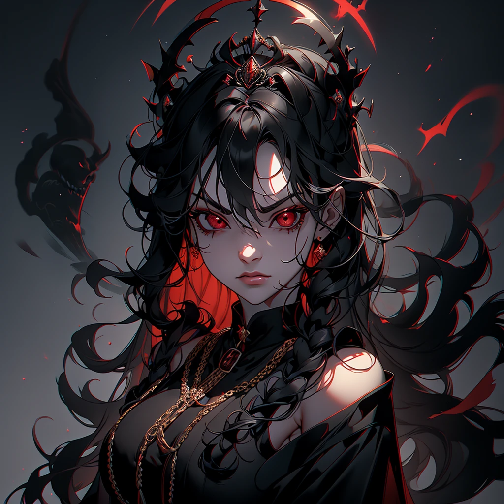 (solo curly:1.2 black hair long hair evil princess girl, detailed evil:1.4 red eyes, angry:1.6 face), (open arms, Summoned many Beast), (in a evil Goddess robe), BREAK, (float in the darkness), (master piece, best quality, 16k).