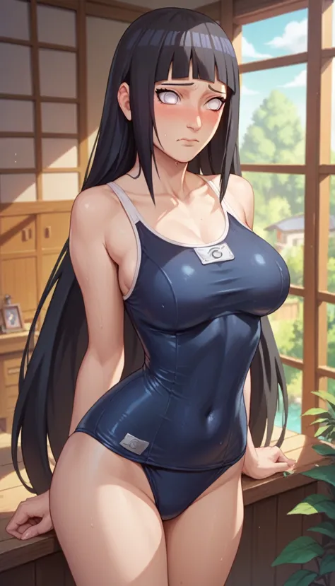 ((masterpiece)),((beautiful and detailed drawing)),naruto,hinata,big breasts,black hair semi-long,white eye,school swimsuit,emba...