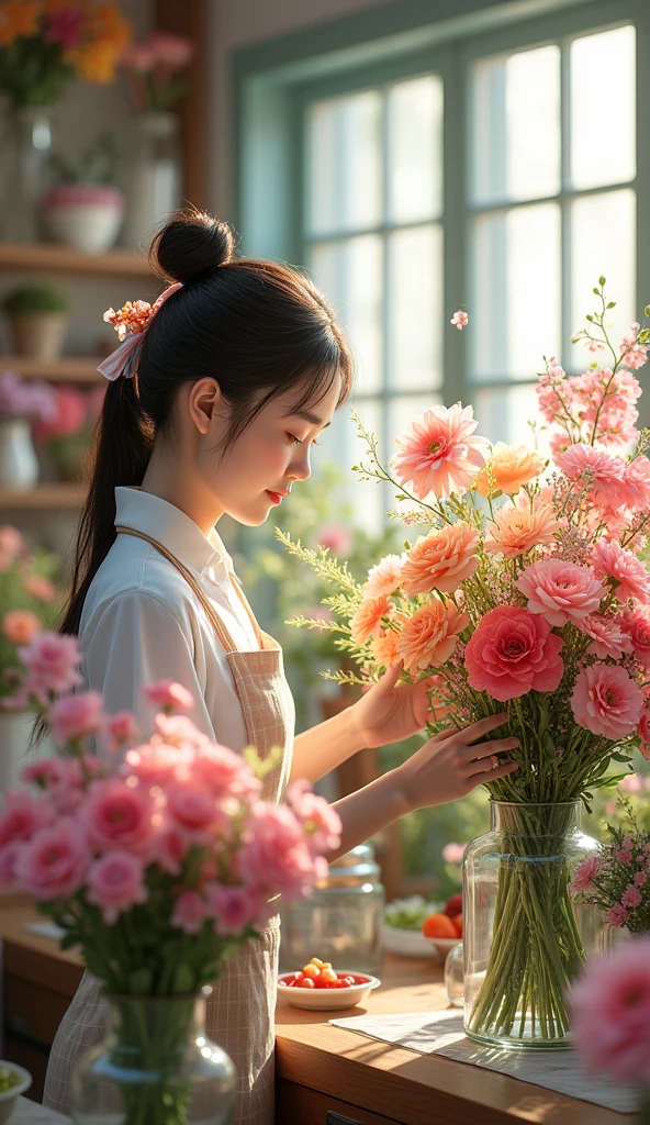 Flower store, florist, Japanese girl, arranging flowers in vases, best quality, (masterpiece:1.2), high quality, highres, (hyper detailed),