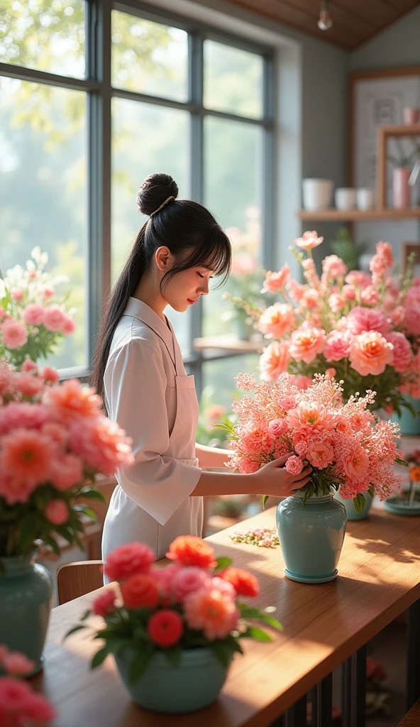 Flower store, florist, Japanese girl, arranging flowers in vases, best quality, (masterpiece:1.2), high quality, highres, (hyper detailed),