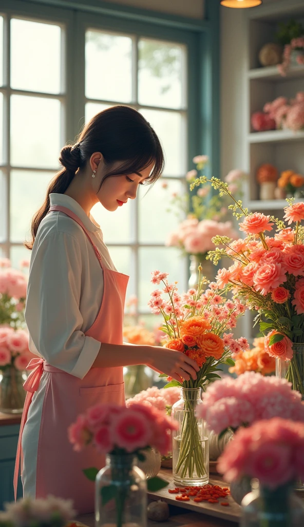 Flower store, florist, Japanese girl, arranging flowers in vases, best quality, (masterpiece:1.2), high quality, highres, (hyper detailed),