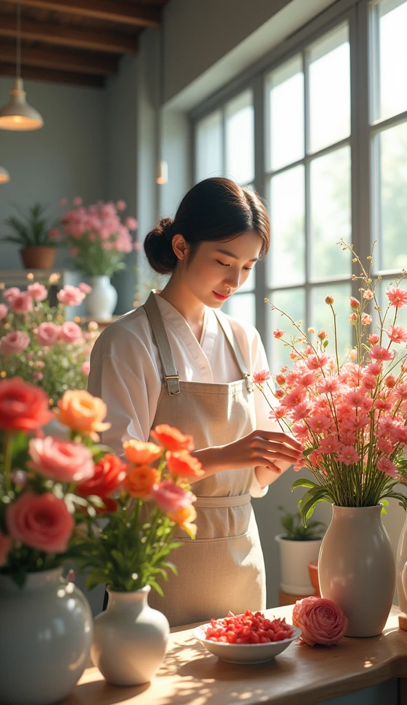 Flower store, florist, Japanese girl, arranging flowers in vases, best quality, (masterpiece:1.2), high quality, highres, (hyper detailed),