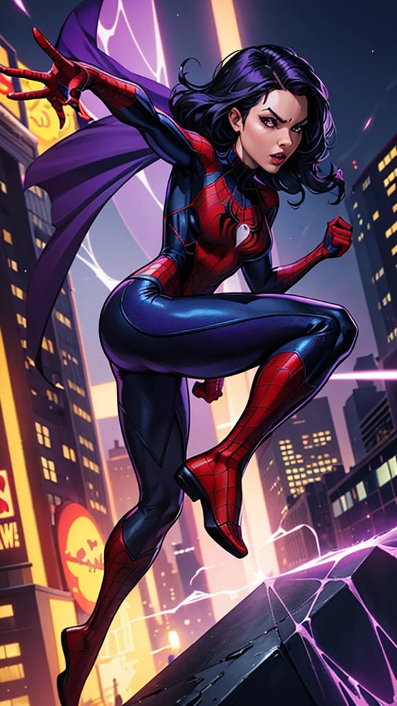 Create Spider-Woman in New York, full body in the image, She wears a purple uniform similar to Spider-Man&#39;s and dark purple hair., her face covered with the purple spider man mask, look like young Sandra Bullock, sensual and hot, big breasts, athletics, thick-thighs, thin hips, strong and muscular, based on marvel comics and dc comics heroes, wears armor on his feet, 8k, Best possible quality.