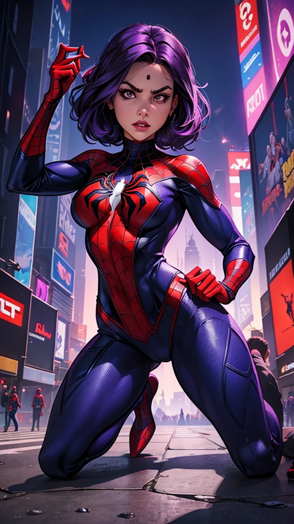 Create Spider-Woman in New York, full body in the image, She wears a purple uniform similar to Spider-Man&#39;s and dark purple hair., her face covered with the purple spider man mask, look like young Sandra Bullock, sensual and hot, big breasts, athletics, thick-thighs, thin hips, strong and muscular, based on marvel comics and dc comics heroes, wears armor on his feet, 8k, Best possible quality.