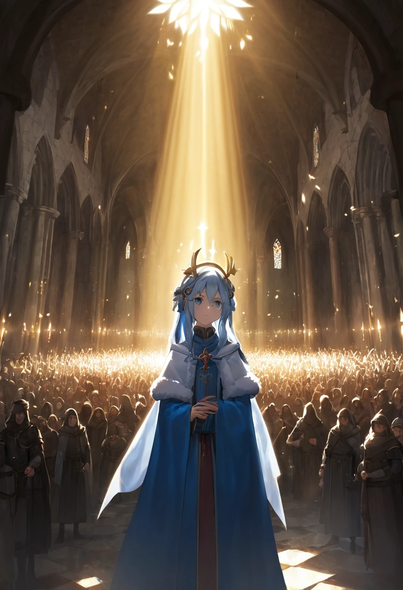 Miracle, poor crowd in misery receiving divine light, blue fur, antlers, dark medieval setting