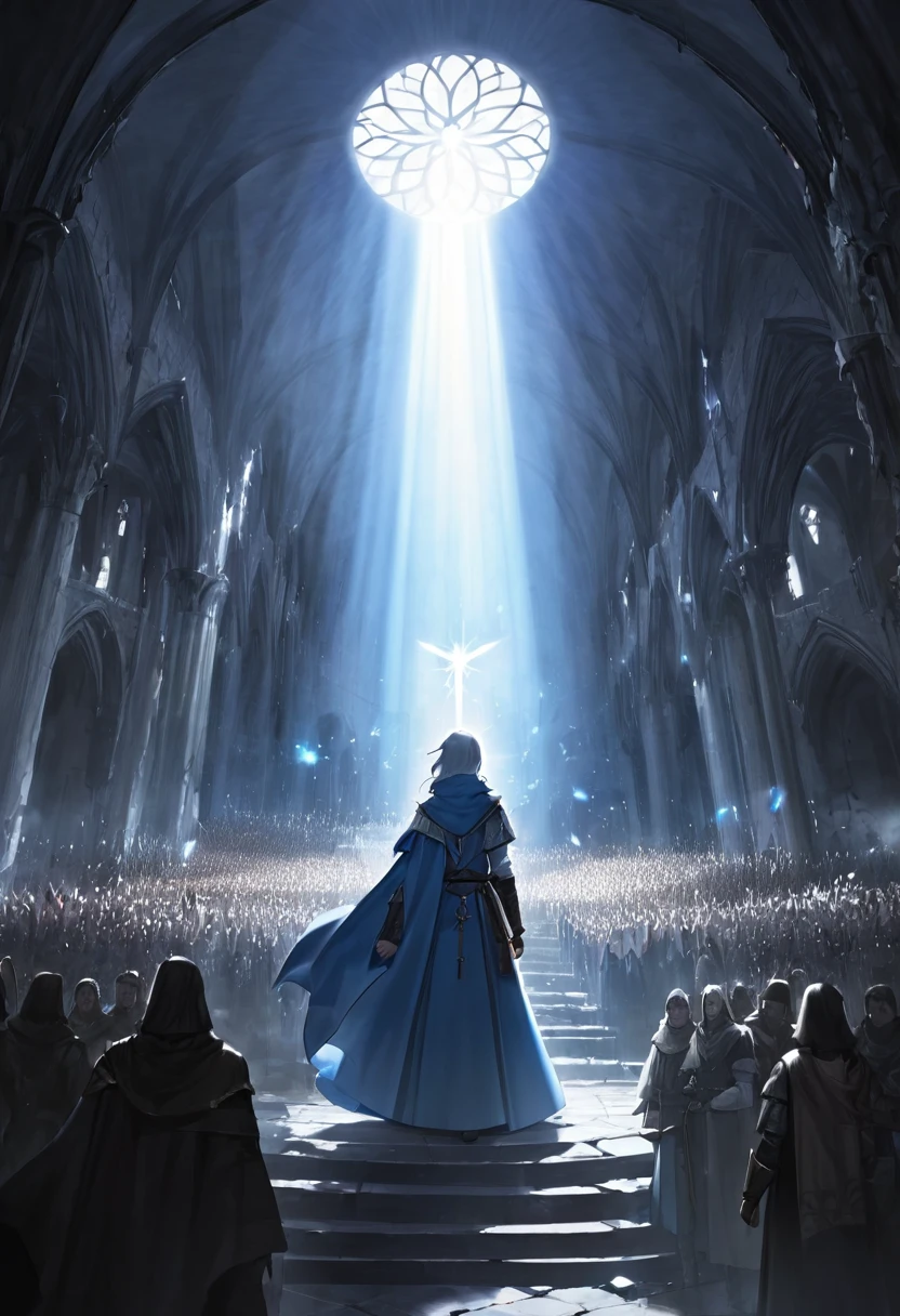 Miracle, poor crowd in misery receiving divine light, blue fur, antlers, dark medieval setting