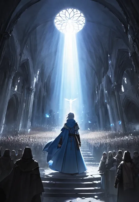 miracle, poor crowd in misery receiving divine light, blue fur, antlers, dark medieval setting