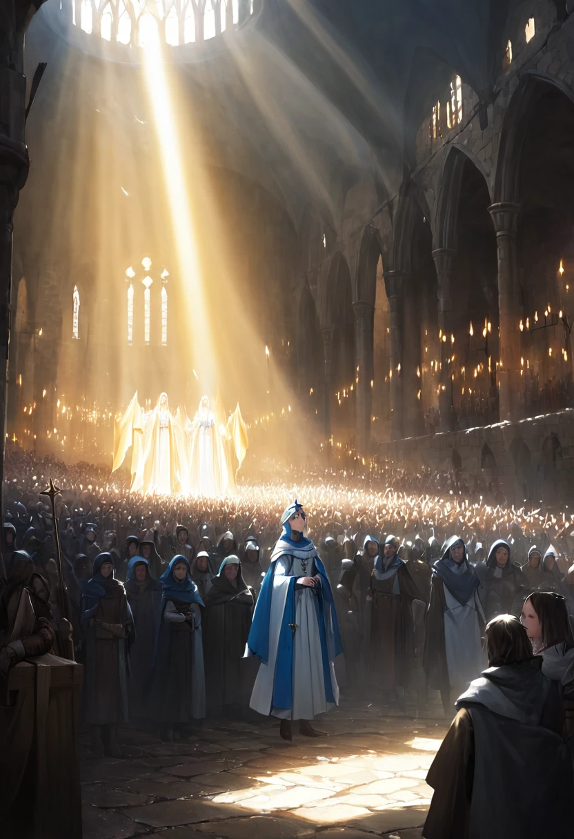 Miracle, poor crowd in misery receiving divine light, blue fur, antlers, dark medieval setting