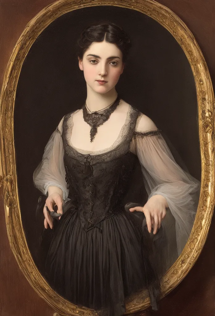 a dark and atmospheric oil painting featuring a stunning victorian-era woman. she wears an elaborate, high-necked gown adorned w...