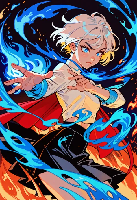 pale girl , white short hair , red cropped , black skirt , bending blue fire , blue fire