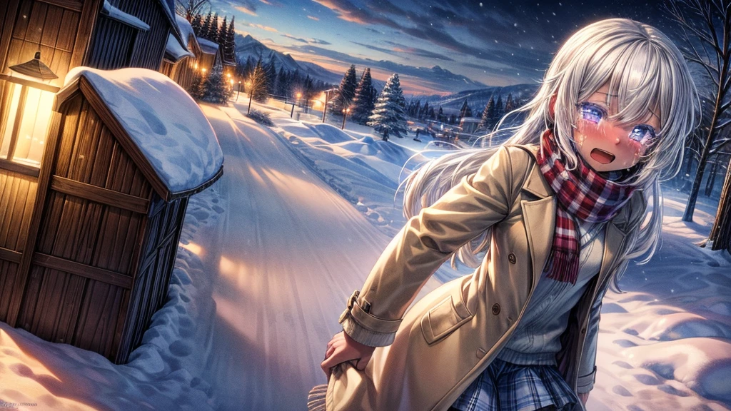 High resolution, masterpiece, Highest quality, Textured skin, girl, Just One, Brown Skin, White Hair, White eyelashes, Small breasts, she, girl friend, 1, high school girl, Private Server, winter, Snow Scene, Wear warm clothes, Scarf, coat, Tears of joy, move