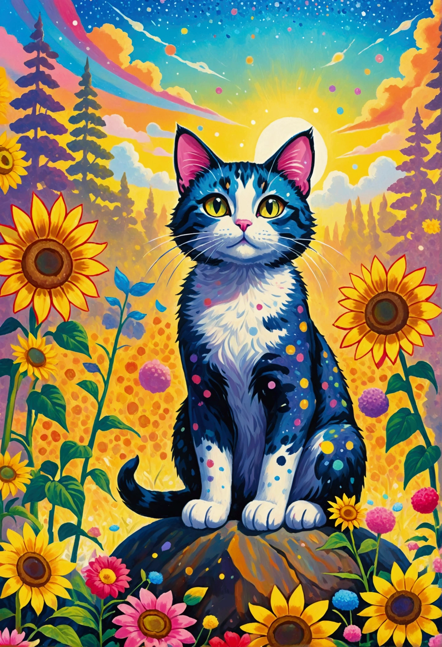 A painting of a cat sitting on a rock surrounded by flowers, There are many points on it, a pointillism painting, saturated pointillism,Juster Battle, Cute cat in sunflower field, lisa frank (lisa frank) Portrait, cat in the forest, a A painting of a cat, cat detailed, Louis William Wayne, inspired by Louis Wain, Lovely and detailed digital art, author：lisa frank, A painting of a cat, Detailed 4k