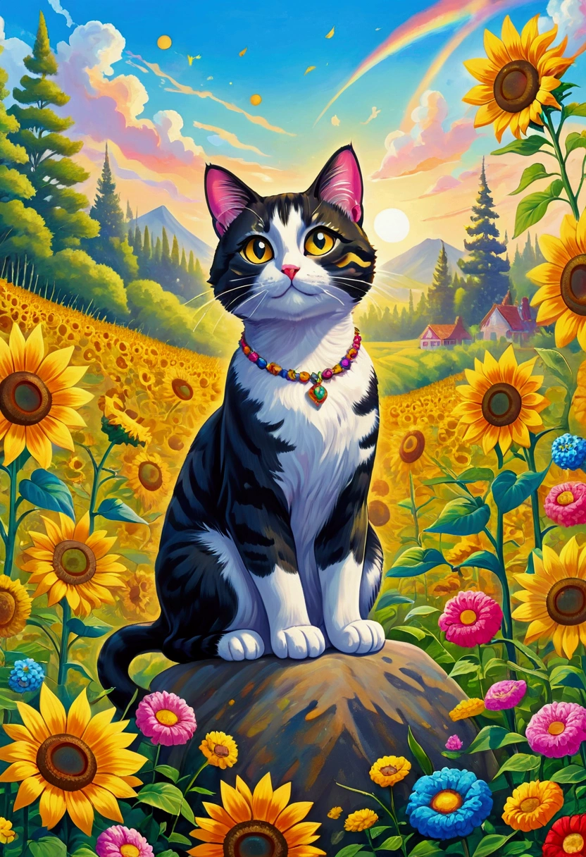 A painting of a cat sitting on a rock surrounded by flowers, Detailed Painting Inspired by Louis Wain, shutter, Childish Art, Juster Battle, Cute cat in sunflower field, lisa frank (lisa frank) Portrait, cat in the forest, a A painting of a cat, cat detailed, Louis William Wayne, Lovely and detailed digital art, A painting of a cat, Detailed 4k