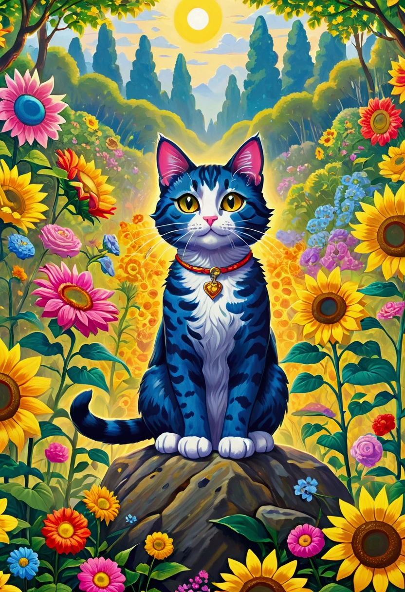 A painting of a cat sitting on a rock surrounded by flowers, Detailed Painting Inspired by Louis Wain, shutter, Childish Art, Juster Battle, Cute cat in sunflower field, lisa frank (lisa frank) Portrait, cat in the forest, a A painting of a cat, cat detailed, Louis William Wayne, Lovely and detailed digital art, A painting of a cat, Detailed 4k