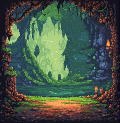 mysterious cave in the forest, 2d side-scrolling game, front view, pixel art