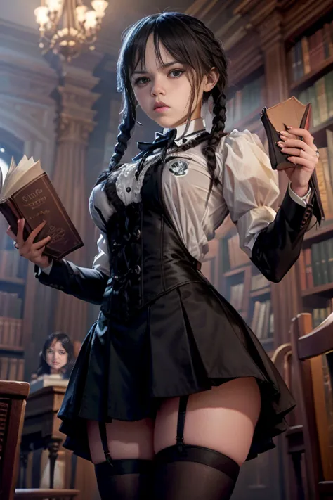 ultra realistic, jenna ortega, black hair braided twintails,  angry face,  medium breasts,  victorian maid uniform, micro skirt,...