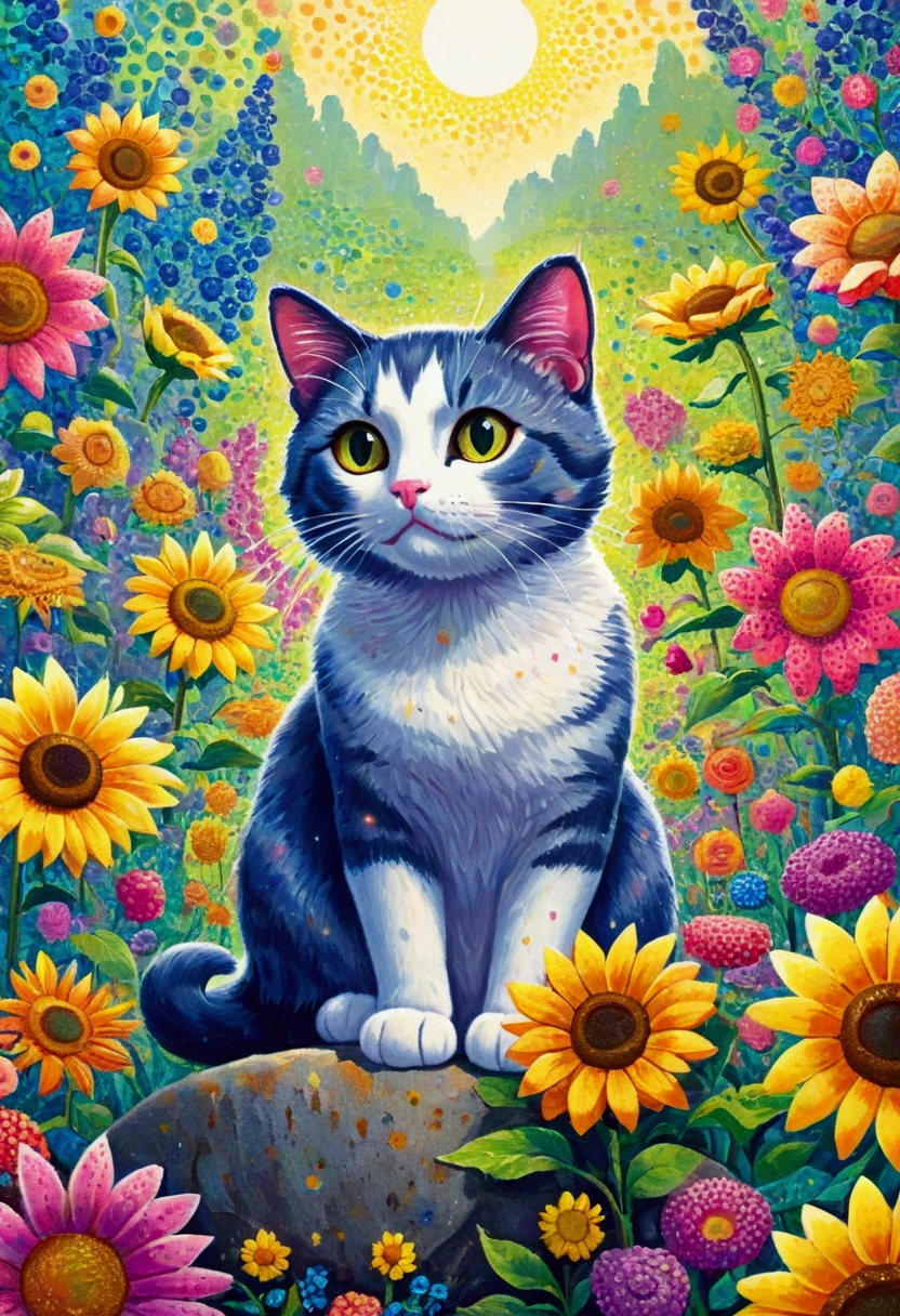 A painting of a cat sitting on a rock surrounded by flowers, There are many points on it, a pointillism painting, saturated pointillism,Juster Battle, Cute cat in sunflower field, lisa frank (lisa frank) Portrait, cat in the forest, a A painting of a cat, cat detailed, Louis William Wayne, inspired by Louis Wain, Lovely and detailed digital art, author：lisa frank, A painting of a cat, Detailed 4k