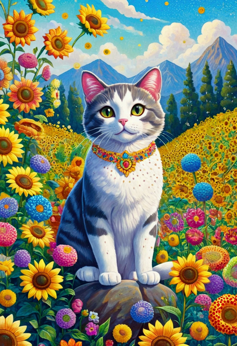 A painting of a cat sitting on a rock surrounded by flowers, There are many points on it, a pointillism painting, saturated pointillism,Juster Battle, Cute cat in sunflower field, lisa frank (lisa frank) Portrait, cat in the forest, a A painting of a cat, cat detailed, Louis William Wayne, inspired by Louis Wain, Lovely and detailed digital art, author：lisa frank, A painting of a cat, Detailed 4k