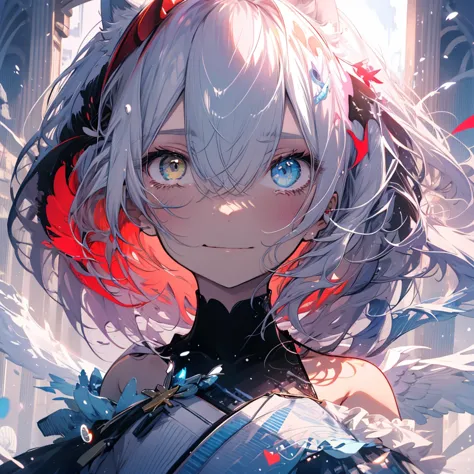 [[[ ultra-detailed, best quality, soft skin, beautiful, 4k]]] white hair, ((white cat ears)), ((one perfect demon red and black ...