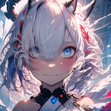 [[[ ultra-detailed, best quality, soft skin, beautiful, 4k]]] white hair, ((white cat ears)), ((one perfect demon red and black ...