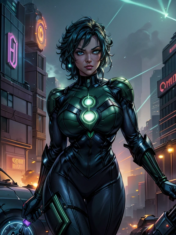 Scene from the movie, Woman dressed as Green Lantern from DC, extremely detailed, futuristic cityscape, nighttime, glowing neon lights, smoke, sparks, metal shavings, flying debris, blue energy effects, volumetric light