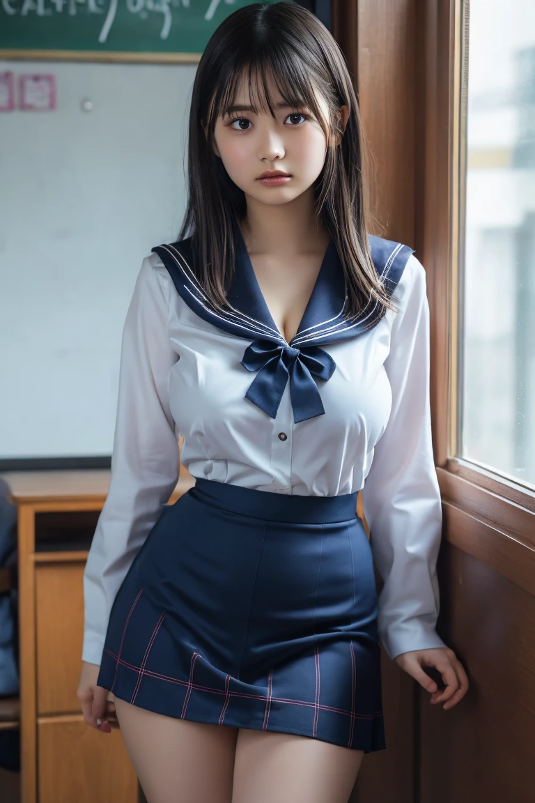 (pert boobs,cleavage:1.4),(tight sailor,tight skirt,slim waist:1.4),(plump big breasts,emaciated:1.4),(tall stature,175cm tall,scrawy:1.4),leggy,Browsing Caution,Highest quality,Ultra-high resolution,1 person,whole body,Black hair, cool expression,Looking into the camera,Beautiful and elaborate face,Fine and beautiful skin,Skin Texture,high school student,uniform,Checked mini skirt,Classroom after school,Standing pose