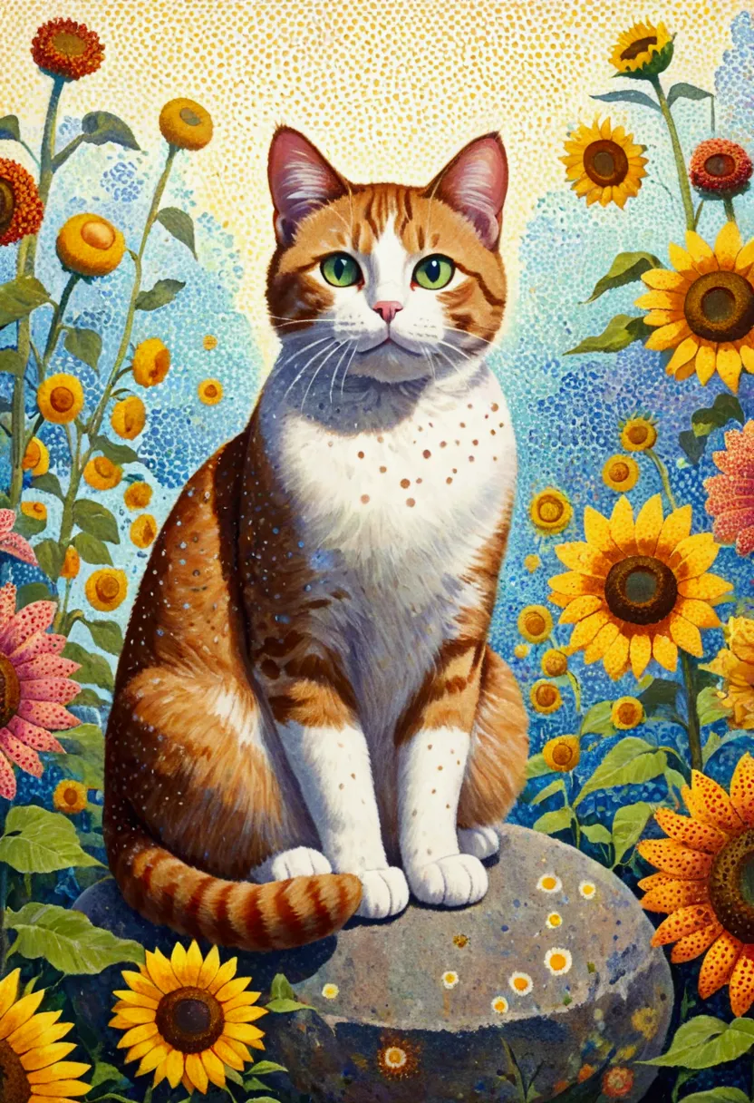 a painting of a cat sitting on a rock surrounded by flowers, there are many points on it, a pointillism painting, saturated poin...