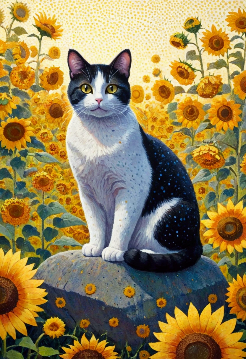 A painting of a cat sitting on a rock surrounded by flowers, There are many points on it, a pointillism painting, saturated pointillism,Juster Battle, Cute cat in sunflower field, 