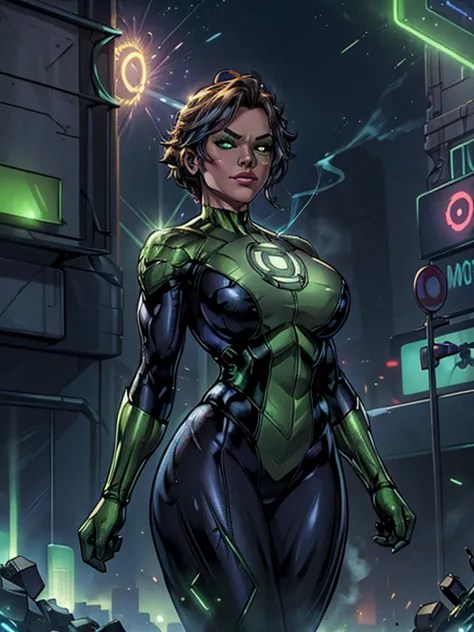 scene from the movie, woman dressed as green lantern from dc, extremely detailed, futuristic cityscape, nighttime, glowing neon ...