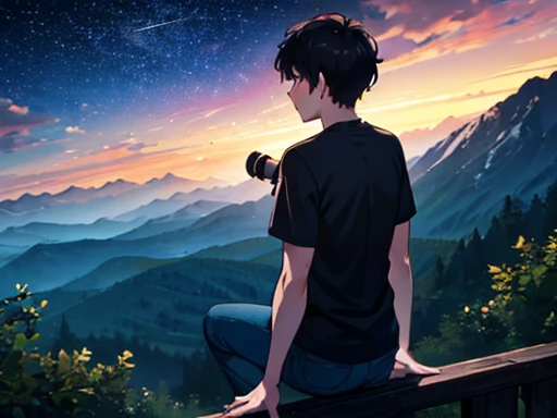 1 boy, Night view, a lot of star, Mountain, Black short hair, He is wearing a grey shirt, He is using a telescope