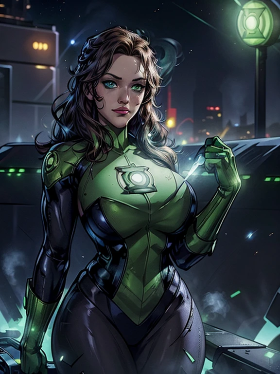 Kat Dennings, Scene from the movie, Woman dressed as Green Lantern from DC, extremely detailed, futuristic cityscape, nighttime, glowing neon lights, smoke, sparks, metal shavings, flying debris, blue energy effects, volumetric light