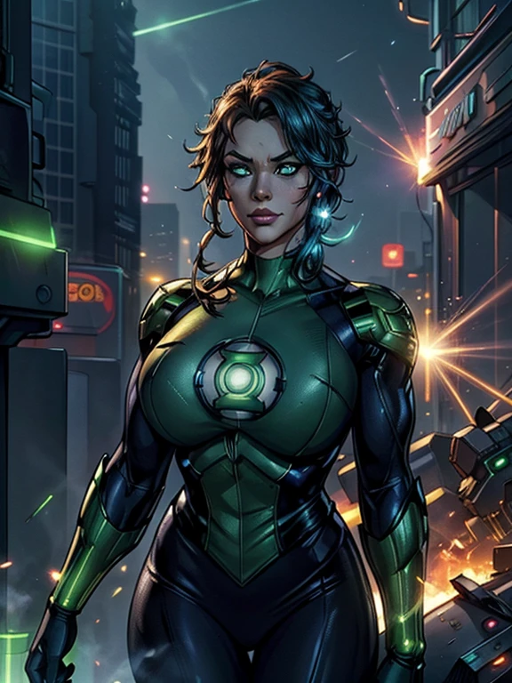 Scene from the movie, Woman dressed as Green Lantern from DC, extremely detailed, futuristic cityscape, nighttime, glowing neon lights, smoke, sparks, metal shavings, flying debris, blue energy effects, volumetric light